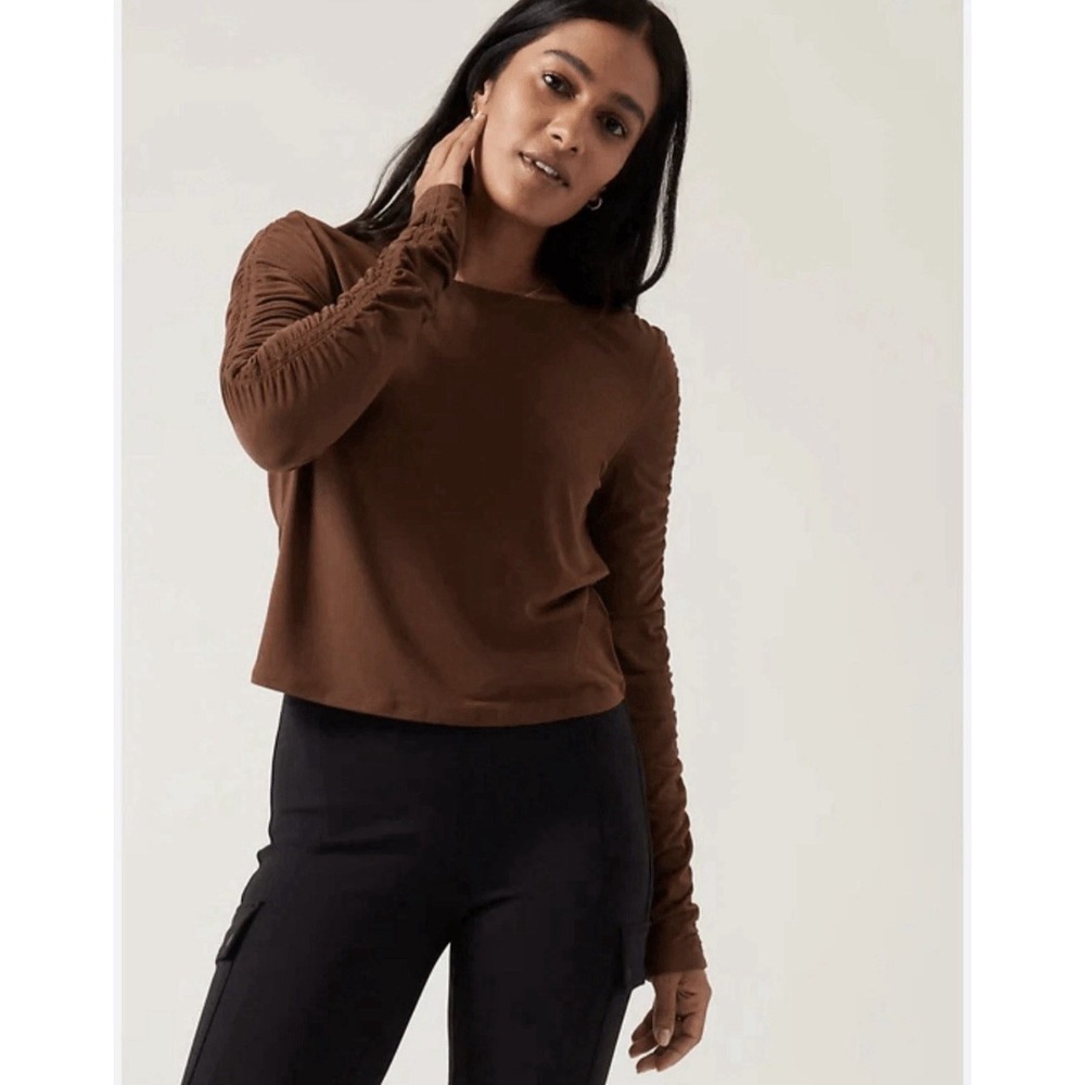 Athleta All Around Ruched Top Womens L Brown Cropped Running Outdoor Yoga